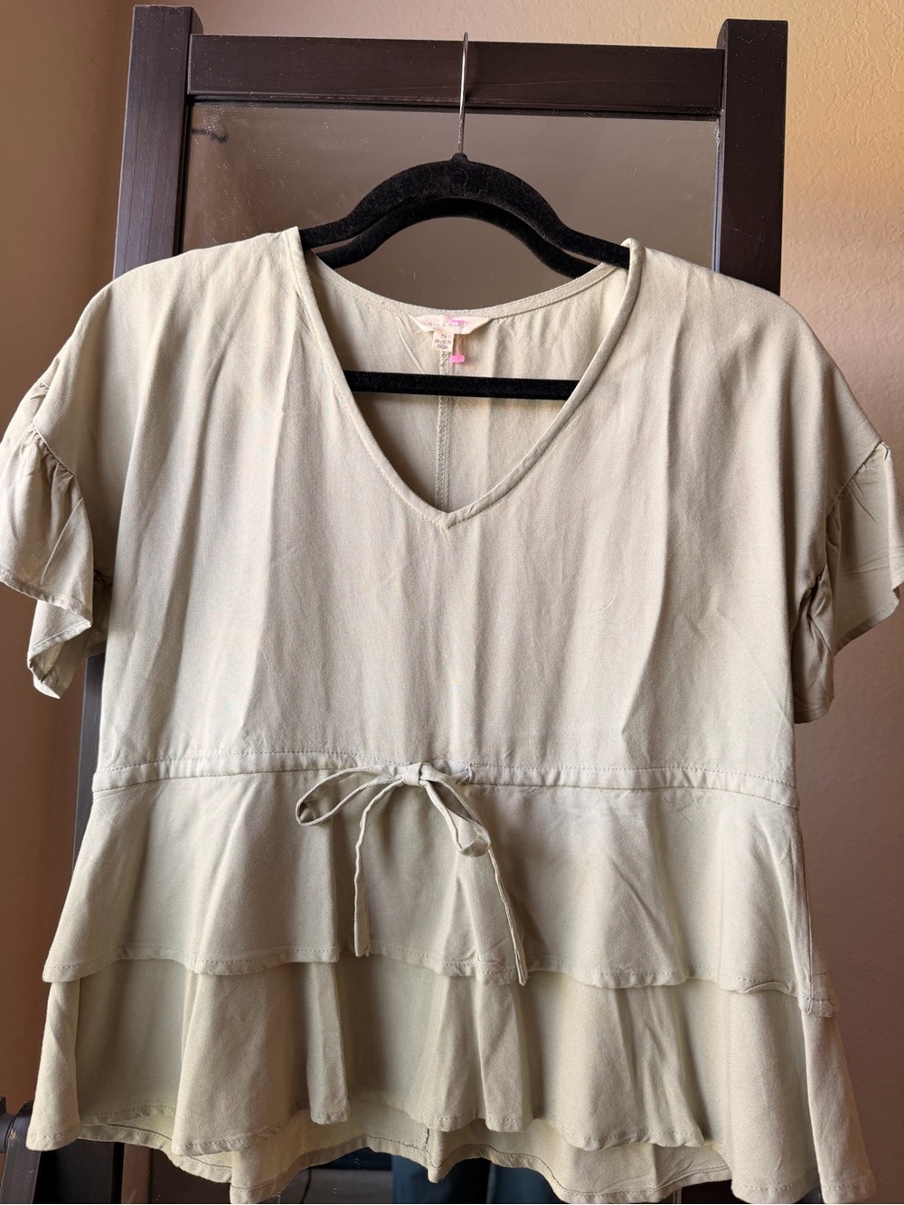 Tiered V-Neck Tie-Front Blouse in Light Olive
